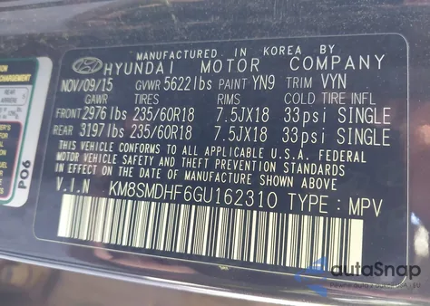 2016 Hyundai Santa Fe Se z USA, uszkodzony, nr VIN KM8SMDHF6GU162310